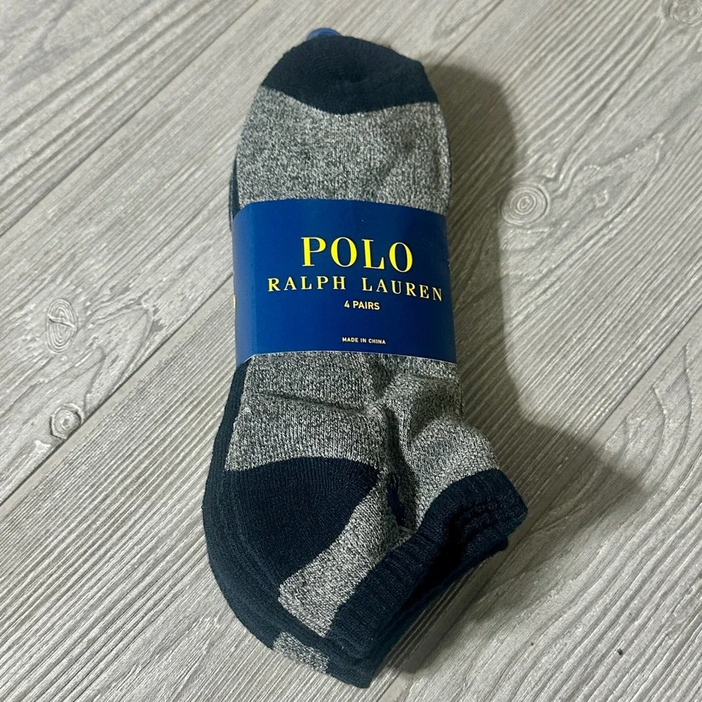 Polo Ralph‎ Lauren Mens Low Cut Socks 4 Pairs Navy Grey No Show Fits Shoe 6-12.5